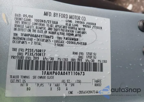 2004 Ford Thunderbird из США, поврежденный, VIN 1FAHP60A84Y110673